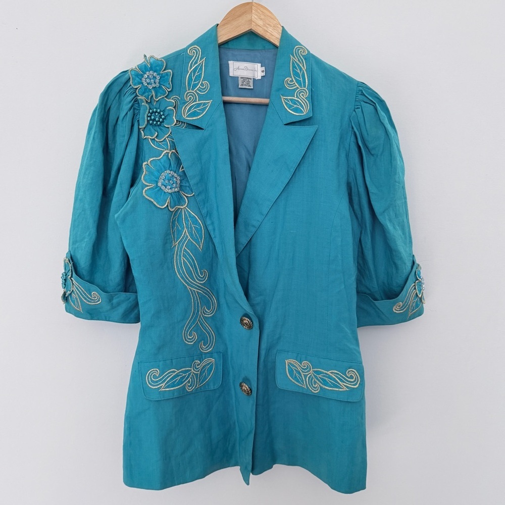 Vintage Teal Embroidered Blazer Jacket - Women's
